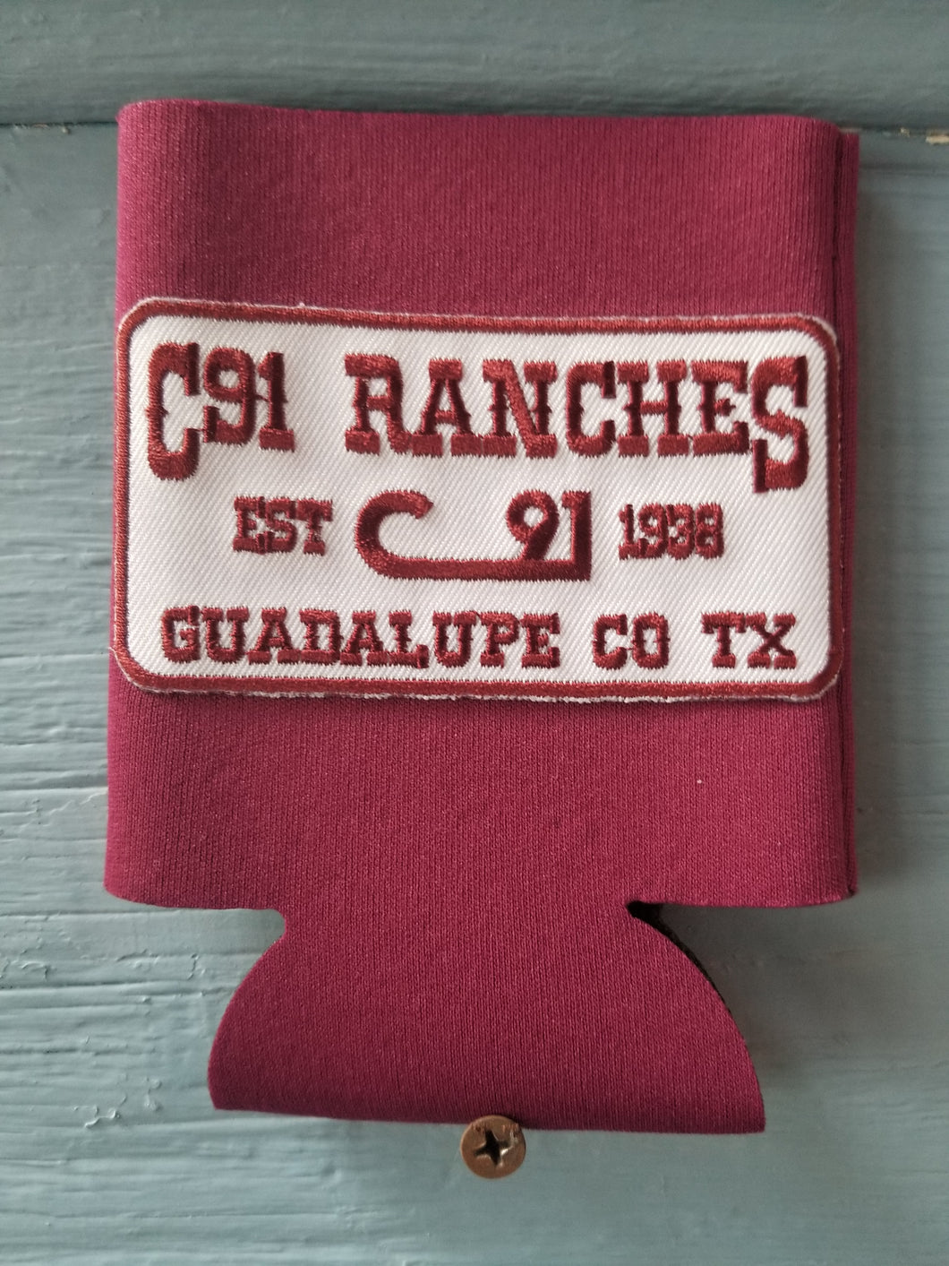 Maroon with Maroon Patch C91 Ranches Koozie