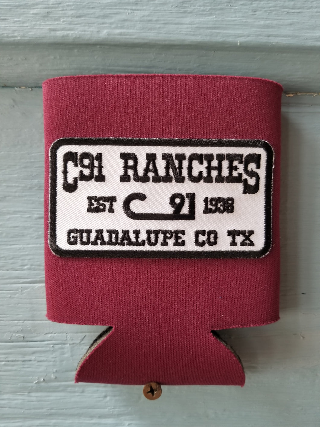 Maroon with Black Patch C91 Ranches Koozie